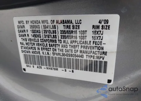 2009 Honda Odyssey Ex z USA, uszkodzony, nr VIN 5FNRL38429B054440